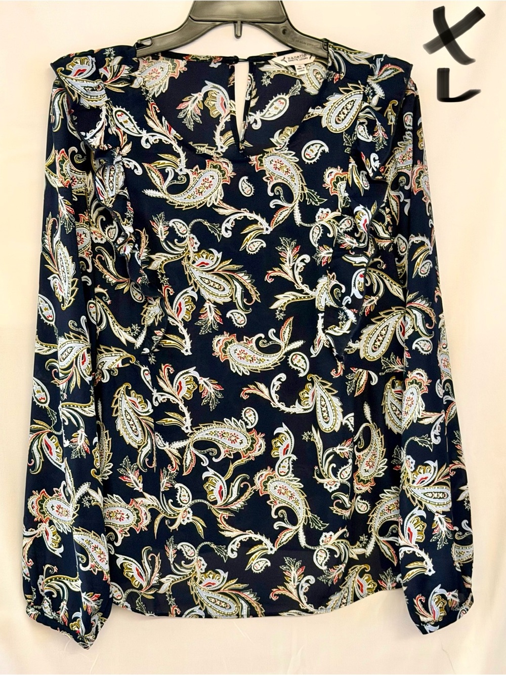 Nanette Lepore Navy Paisley Ruffle-Shoulder Blouse